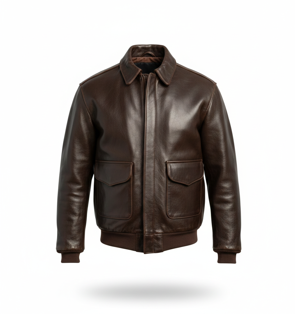 Men’s Antique Lambskin Leather A-2 Jacket – Brown Vintage Bomber Style mannequin Men’s Antique Lambskin Leather A-2 Jacket – Brown Vintage Bomber Style mannequin
