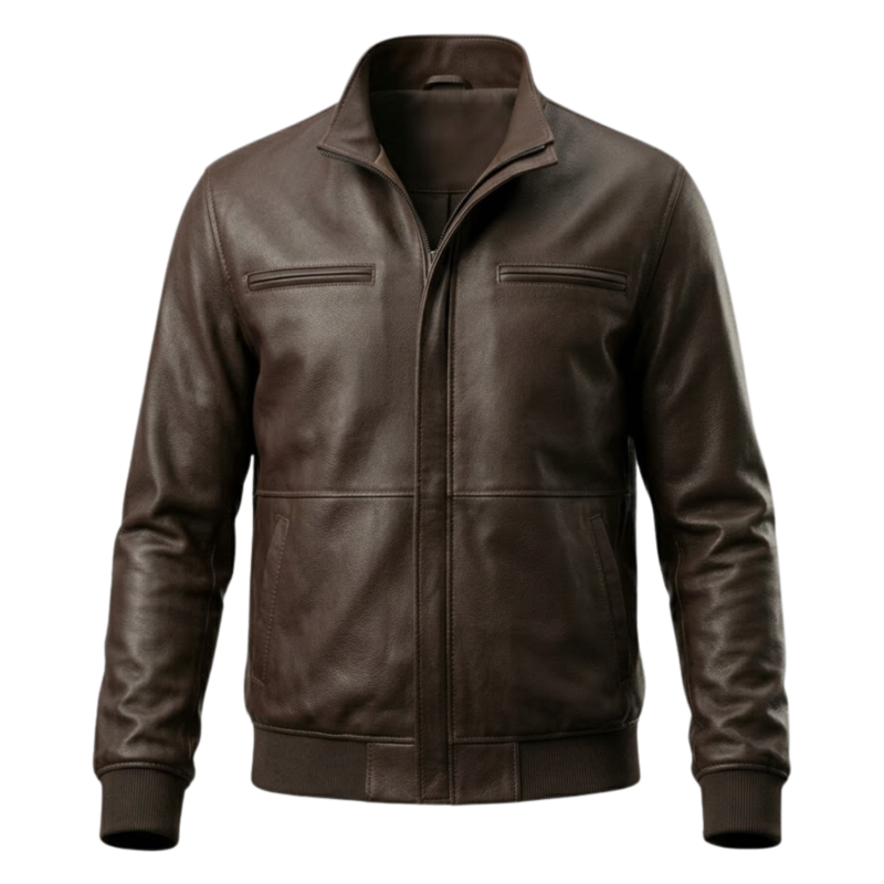 mens dark brown leather bomber jacket