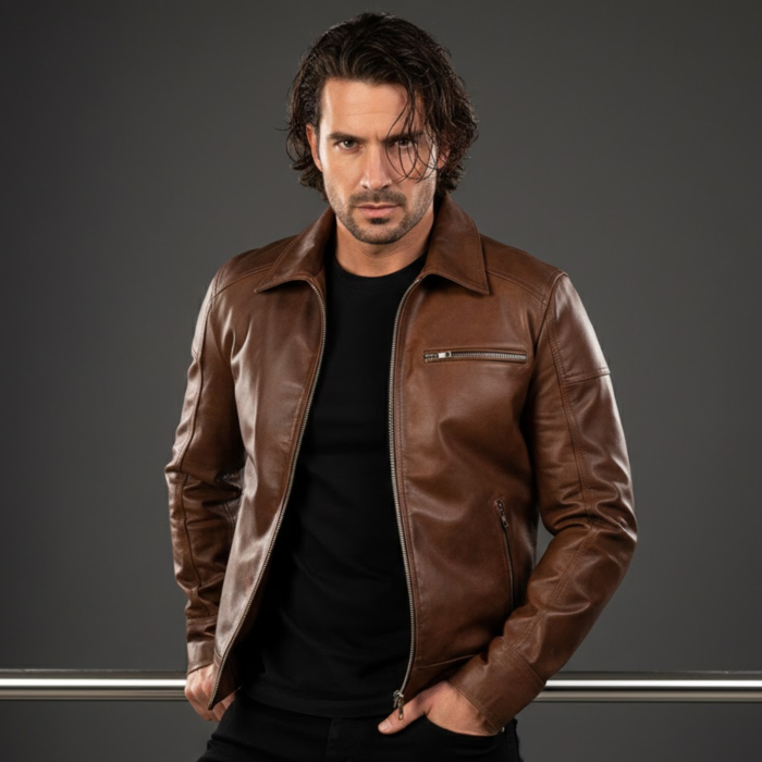 Brown Leather Biker Jacket For Men – Full Grain Cowhide - Image 4