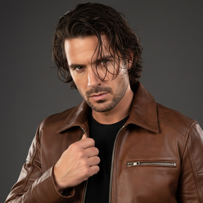 Brown Leather Biker Jacket For Men – Full Grain Cowhide - Image 3