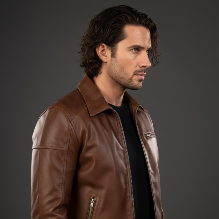Brown Leather Biker Jacket For Men – Full Grain Cowhide - Image 2