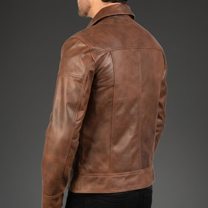 Brown Leather Biker Jacket For Men – Full Grain Cowhide - Image 5