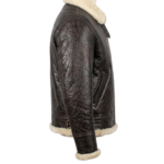 side shot of b3 bomber distressed brown shearling jacket
