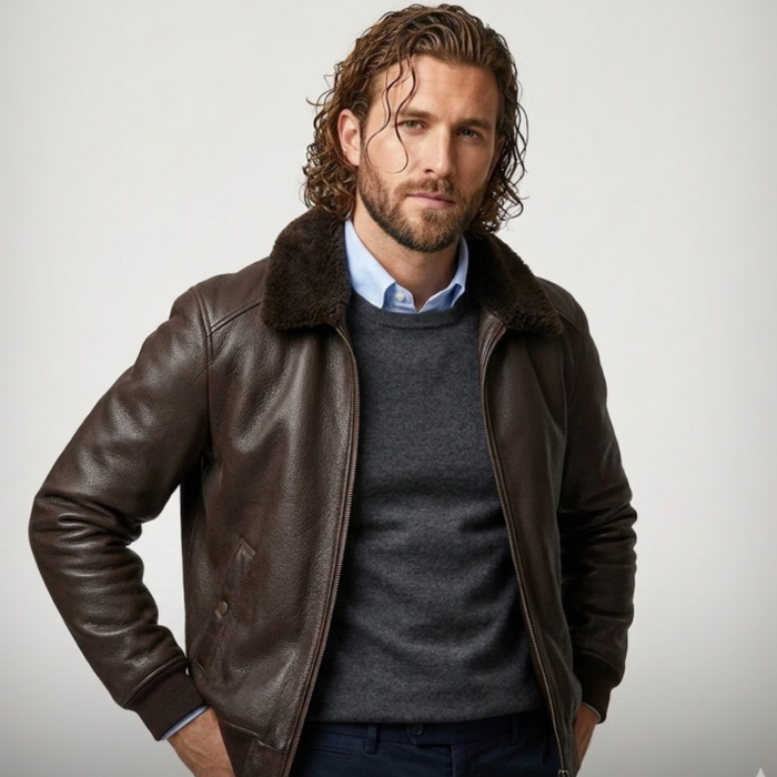 Men's Brown Aviator Leather Bomber Jacket | Shearling Collar | Snag Leather - Image 2