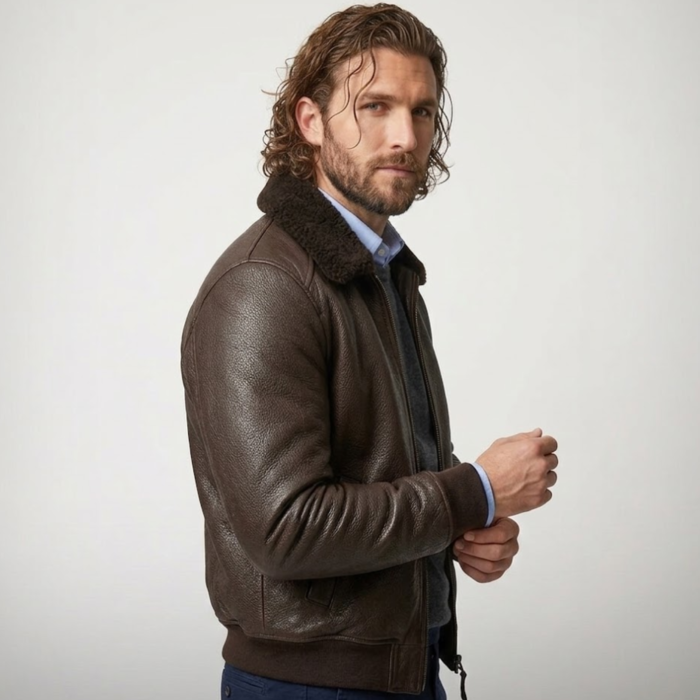Men's Brown Aviator Leather Bomber Jacket | Shearling Collar | Snag Leather - Image 5