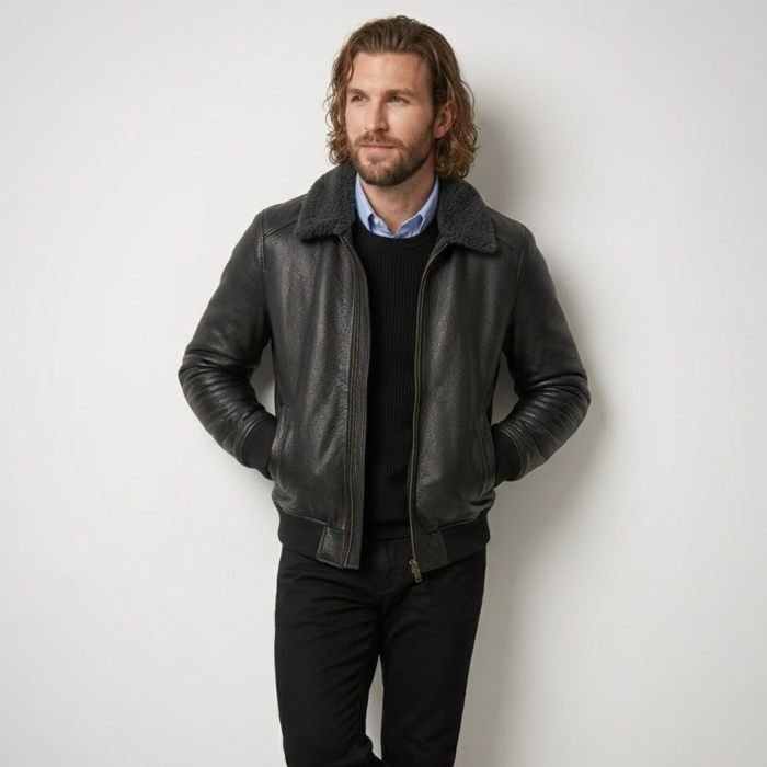 Blackhawk Men's Black Aviator Leather Bomber Jacket | Shearling Collar | Snag Leather - Image 2