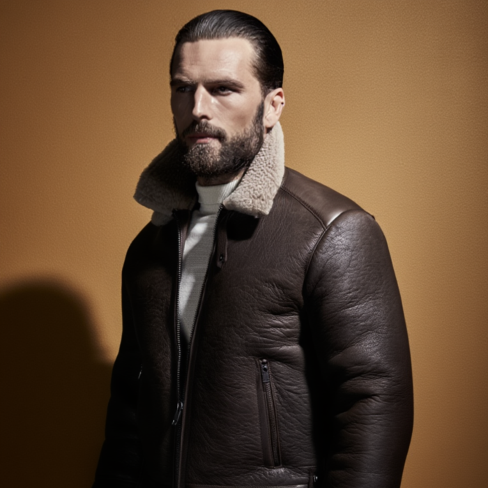 Espresso Brown Shearling Biker Jacket – Men’s Genuine Lambskin Leather Aviator Coat | Snag Leather - Image 2