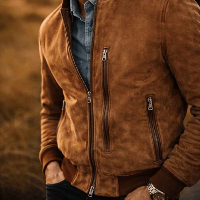 Men's Brown Suede Leather Bomber Jacket | Real Suede | Snag Leather - Image 4