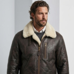 man wearing b3 bomber shearling distressed brown jacket