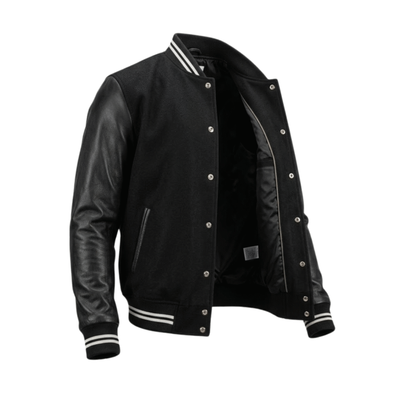 men's black hybrid varsity Jacket