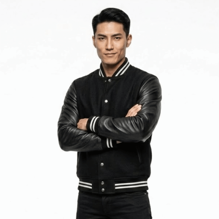 Men's Black Striped Varsity Jacket | Leather & Wool Hybrid | Snag Leather - Image 5