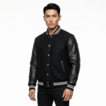 Men's Black Striped Varsity Jacket | Leather & Wool Hybrid | Snag Leather - Image 3
