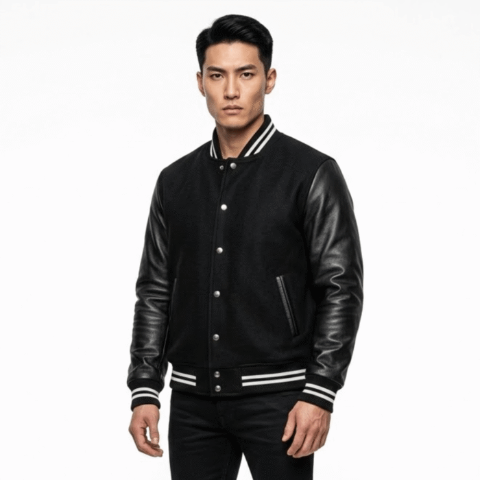 Men's Black Striped Varsity Jacket | Leather & Wool Hybrid | Snag Leather - Image 3