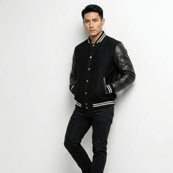 Men's Black Striped Varsity Jacket | Leather & Wool Hybrid | Snag Leather - Image 2