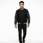 Men's Black Striped Varsity Jacket | Leather & Wool Hybrid | Snag Leather - Image 4