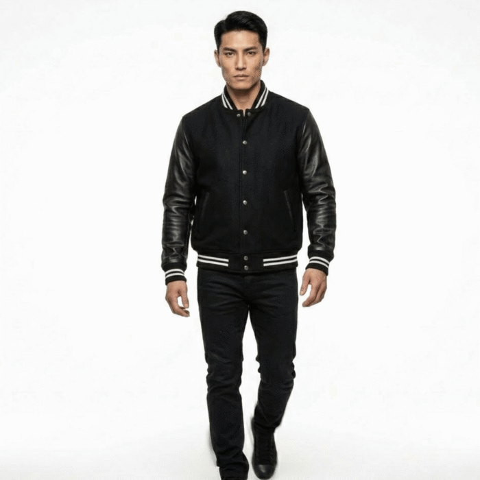 Men's Black Striped Varsity Jacket | Leather & Wool Hybrid | Snag Leather - Image 4