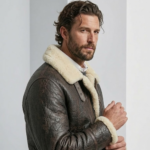 man wearing b3 bomber shearling distressed brown jacket