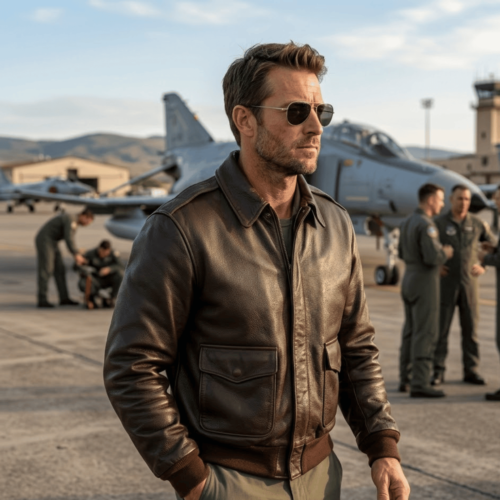 Man wearing the Snag Leather Flying Tigers horsehide flight jacket outdoors showing natural patina and heritage fit, horsehide leather jacket example