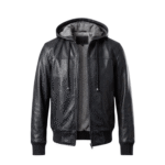 Men's black Hooded Leather Bomber Jacket