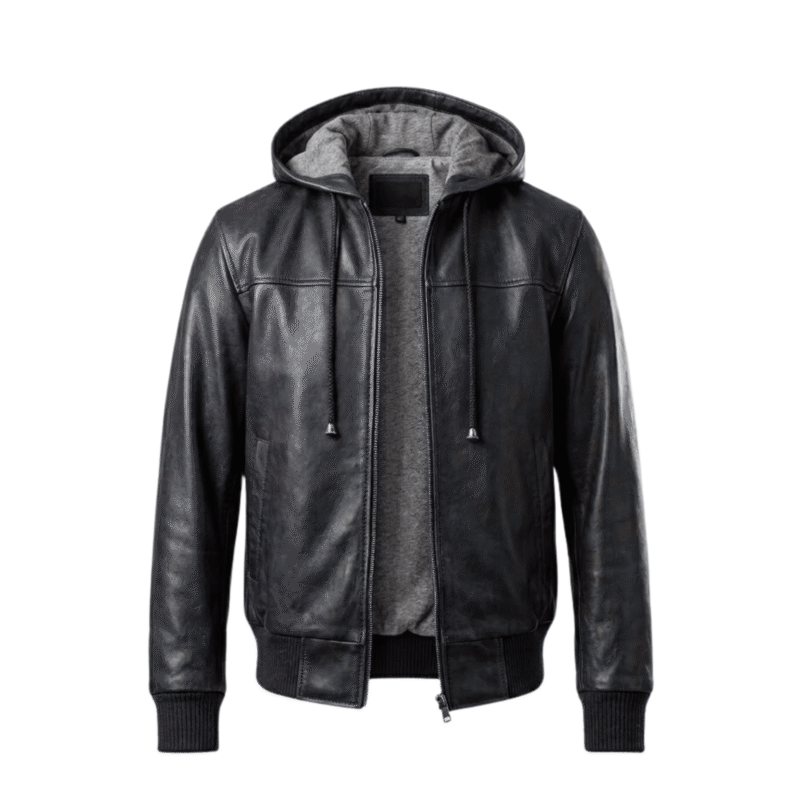 Men's black Hooded Leather Bomber Jacket