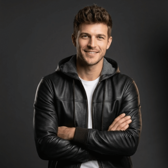 Men's black Hooded Leather Bomber Jacket