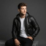Men's black Hooded Leather Bomber Jacket