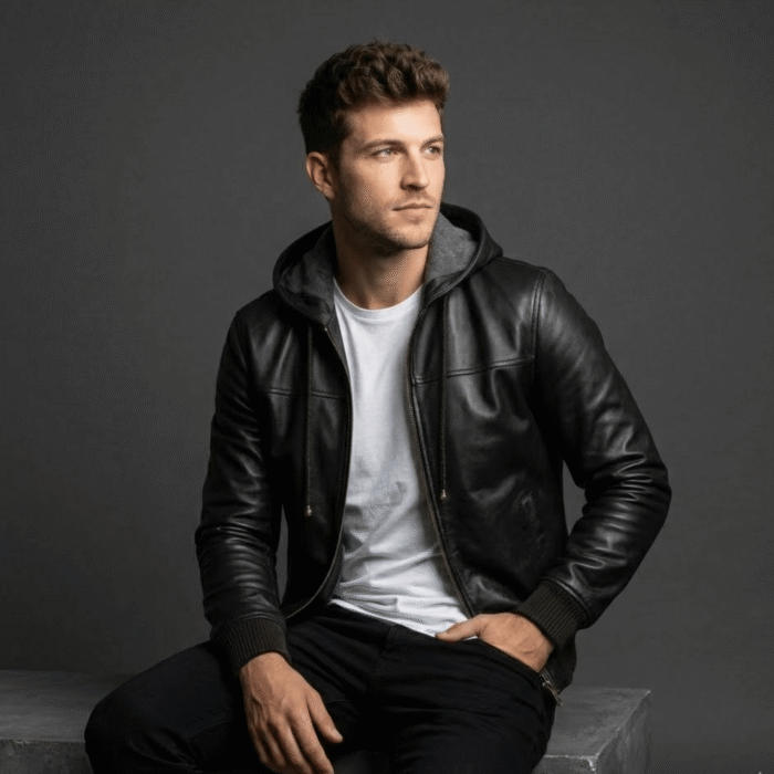 Men's black Hooded Leather Bomber Jacket
