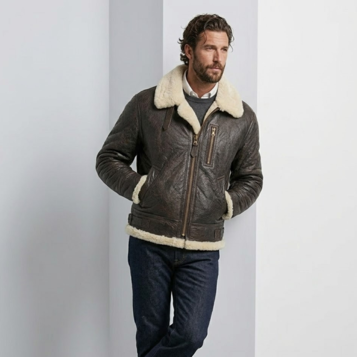 man leaning against a wall wearing b3 bomber shearling distressed brown jacket