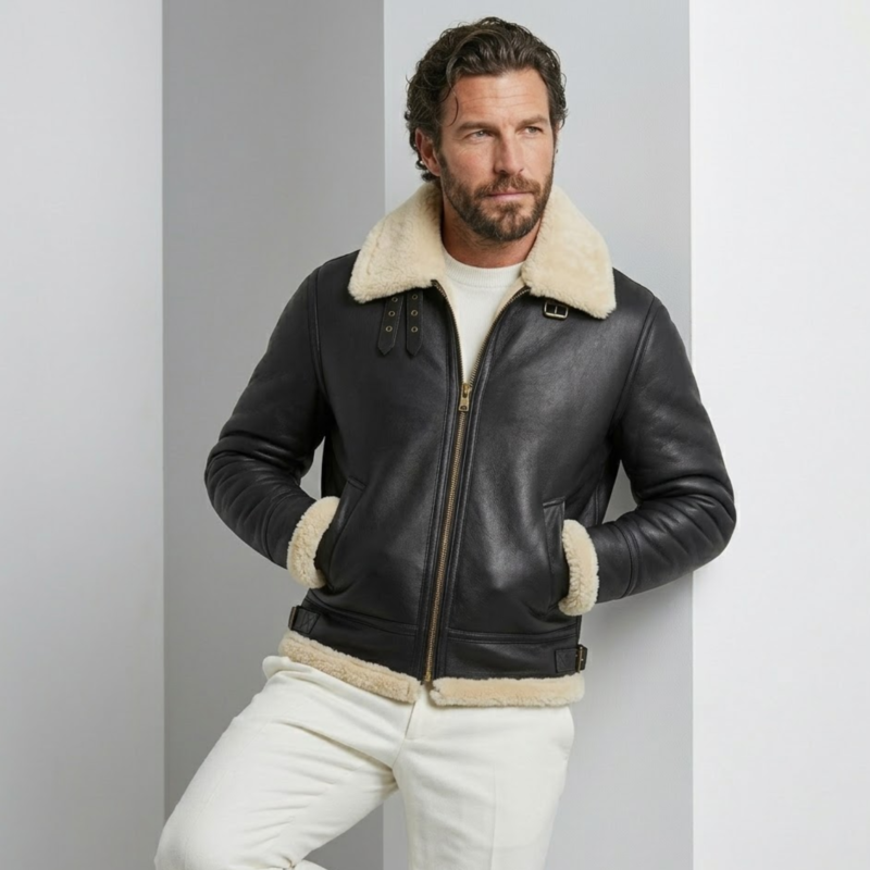 man wearing phantom b3 bomber sheearling leather jacket against a grayish bakcground