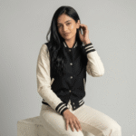 Women's Black & White Varsity Jacket | Leather Sleeve Letterman | Snag Leather - Image 3