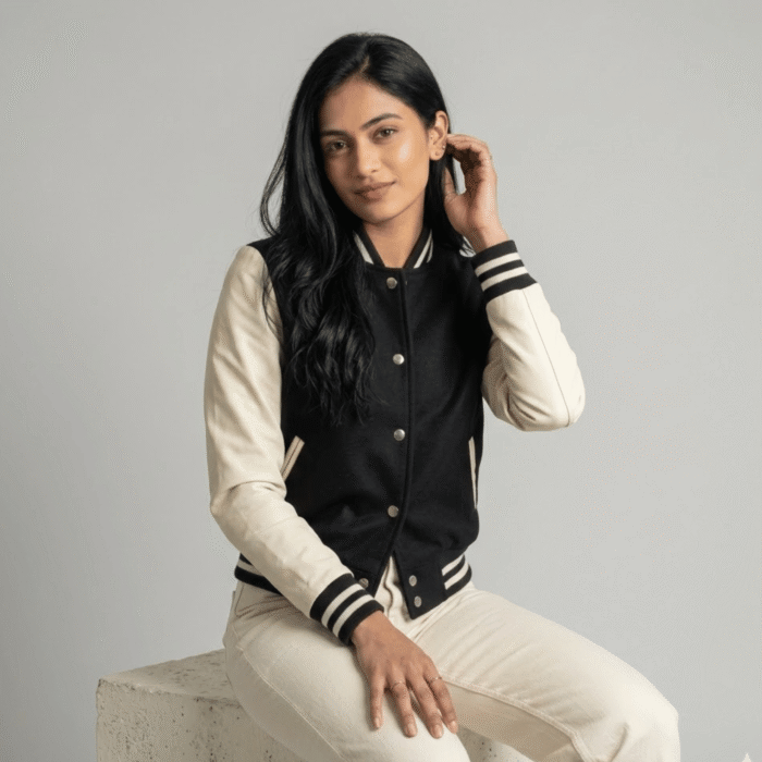 Women's Black & White Varsity Jacket | Leather Sleeve Letterman | Snag Leather - Image 3