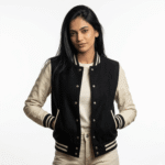 Women's Black & White Varsity Jacket | Leather Sleeve Letterman | Snag Leather - Image 4