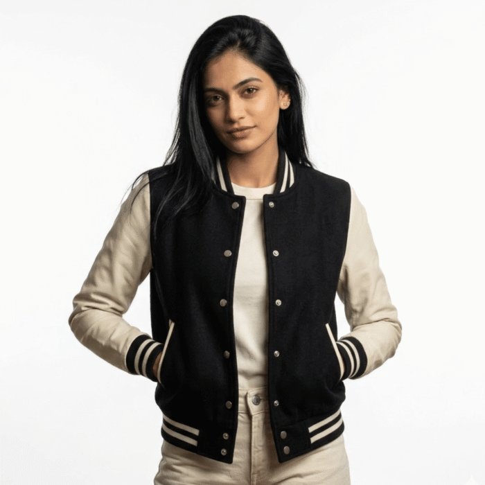 Women's Black & White Varsity Jacket | Leather Sleeve Letterman | Snag Leather - Image 4