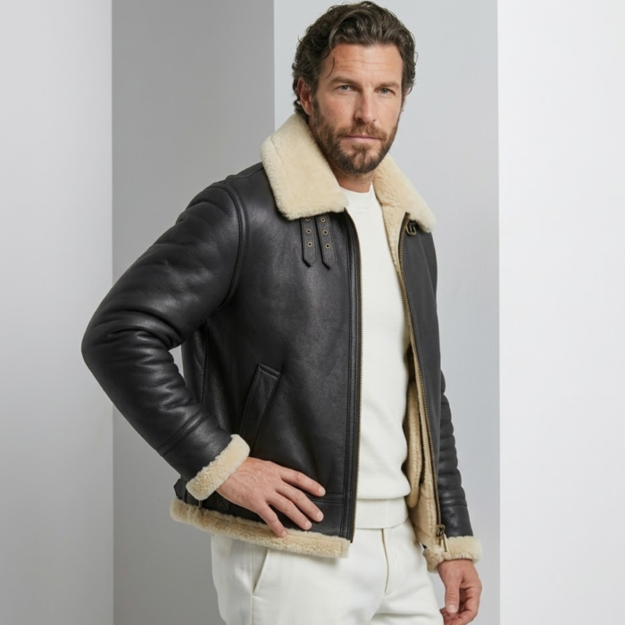 man wearing phantom b3 bomber sheearling leather jacket against a grayish bakcground 8
