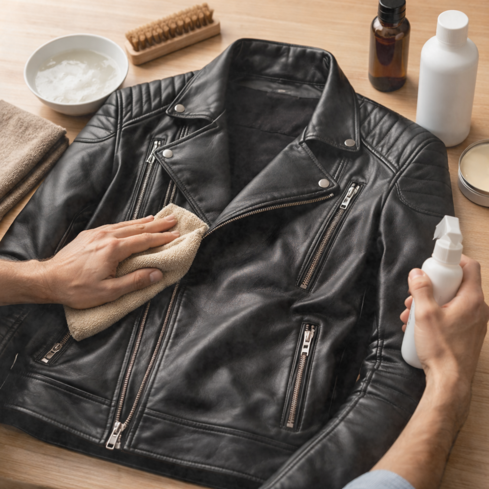 Man cleaning a black leather jacket at home with a microfiber cloth
