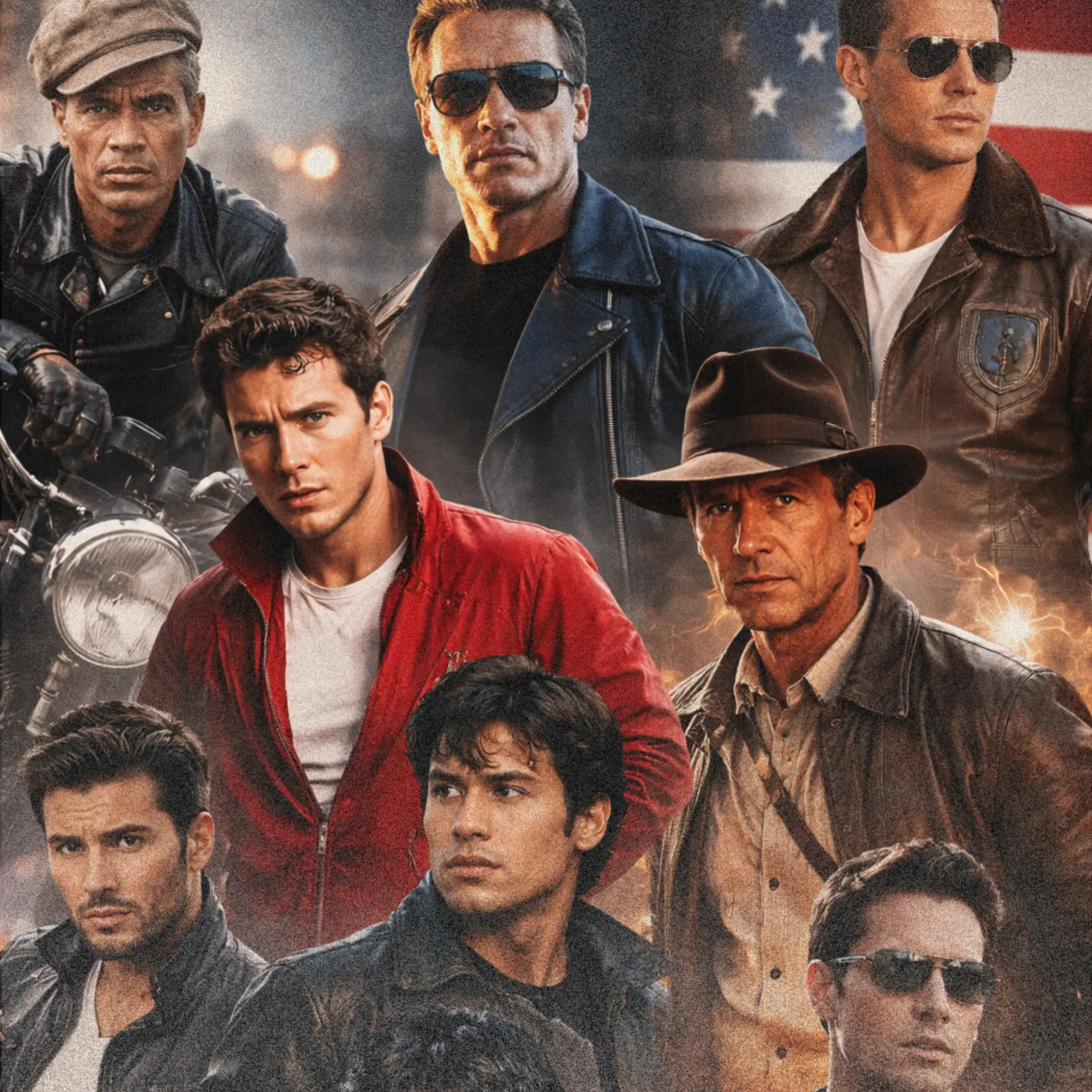 Collage of iconic American leather jacket moments across decades from 1950s to 2026