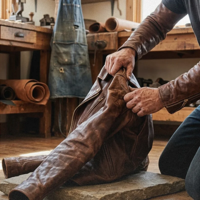 man holding and breaking in the leather jacket