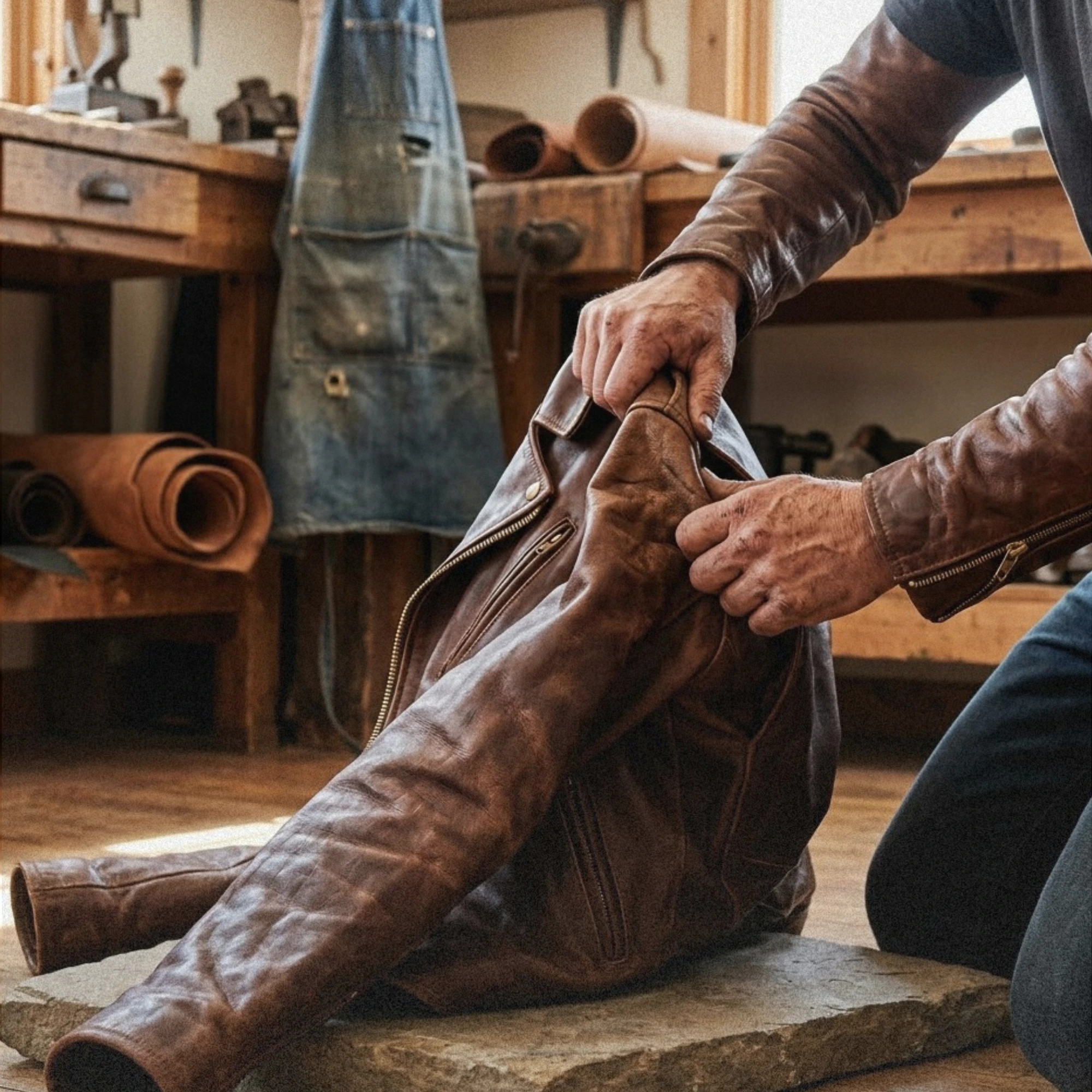 man holding and breaking in the leather jacket