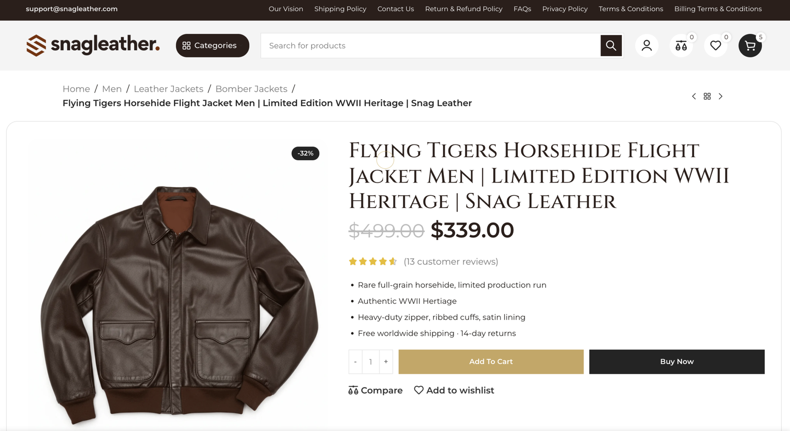 SnagLeather product page showing specific leather grade disclosure including full grain cowhide species name and thickness specification on a brown leather biker jacket listing