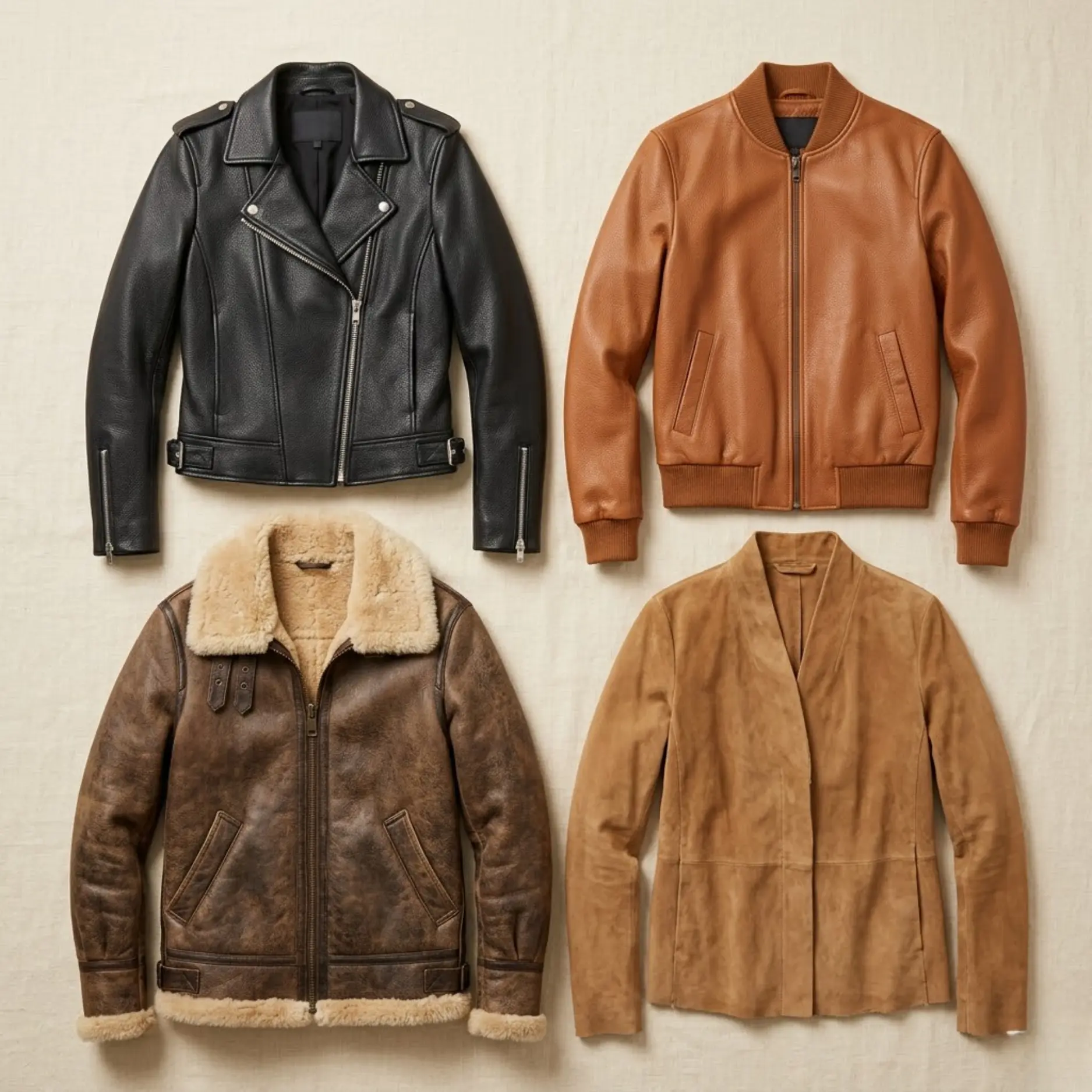 Four women's leather jacket types: biker, bomber, shearling and suede arranged as a flat-lay