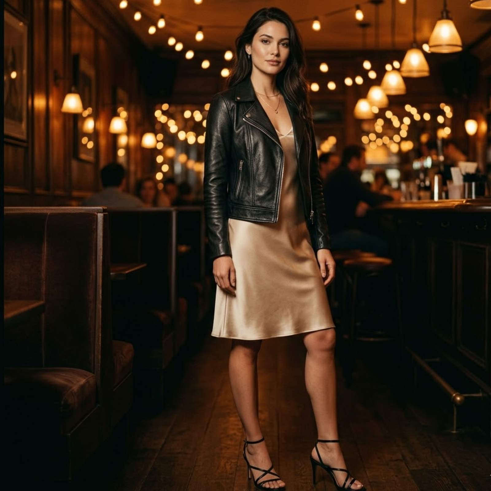 Woman wearing fitted black leather biker jacket over champagne silk slip dress with strappy heels