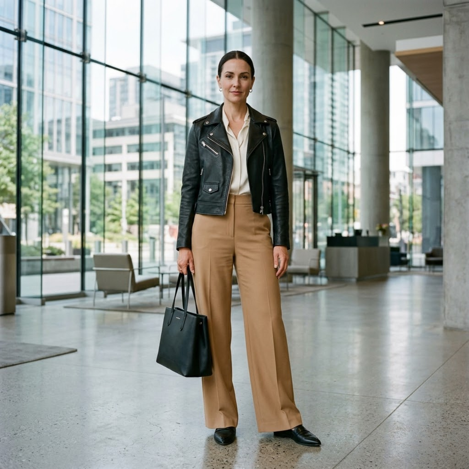 Woman wearing cropped black leather biker jacket with camel wide-leg tailored trousers and pointed-toe loafers