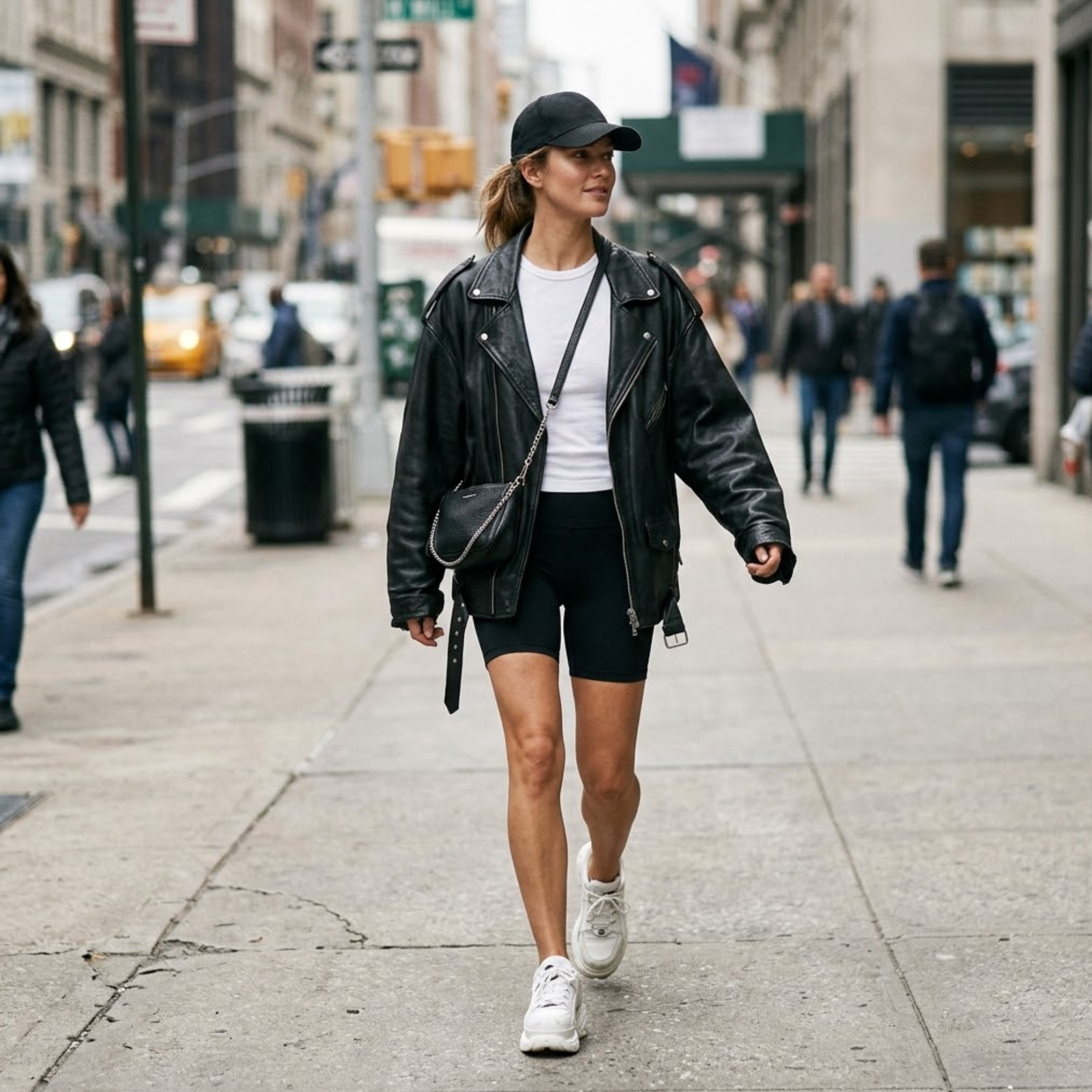 Woman in oversized black leather biker jacket with black bike shorts, white crewneck and chunky platform sneakers