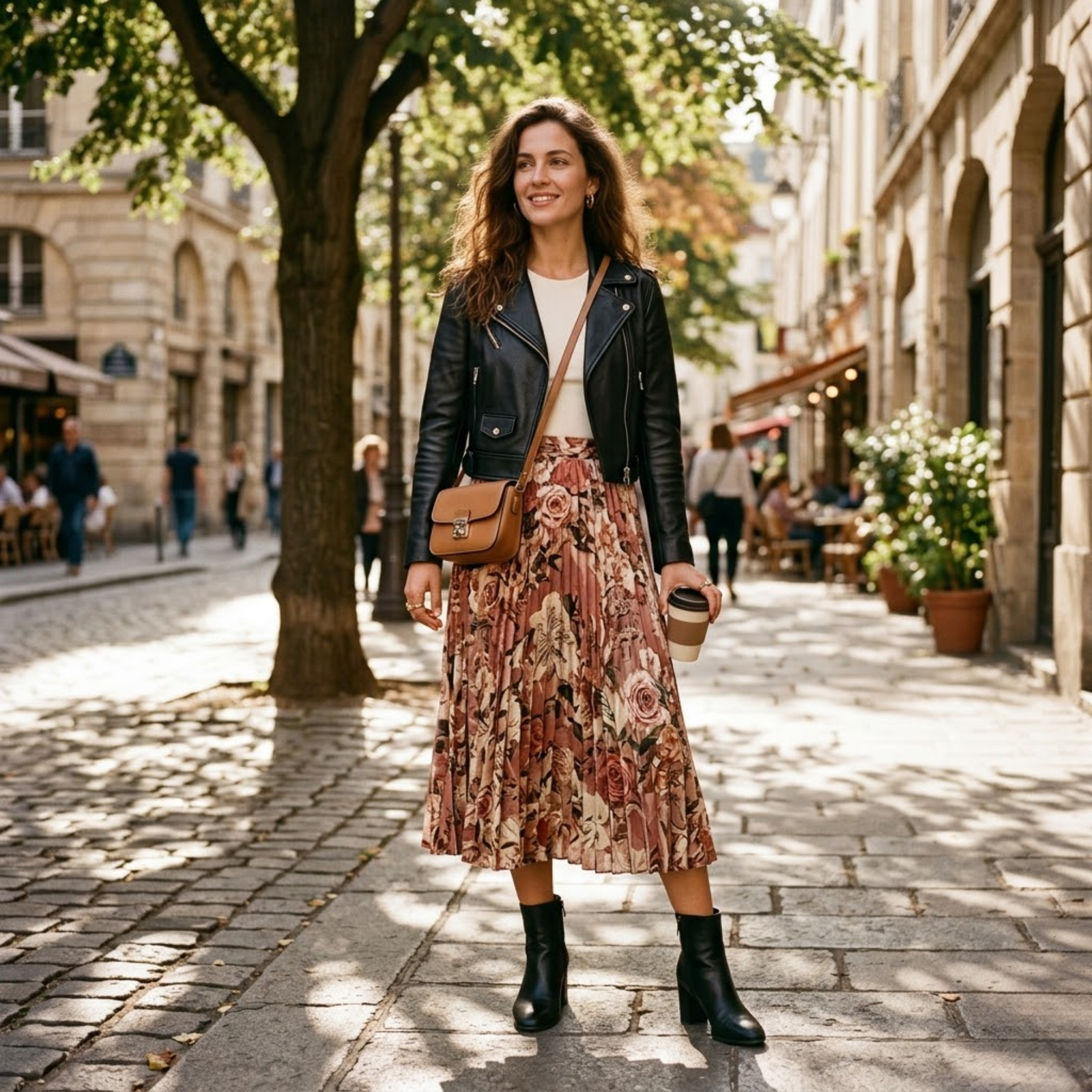 Woman wearing cropped black leather biker jacket over a floral pleated midi skirt and ankle boots