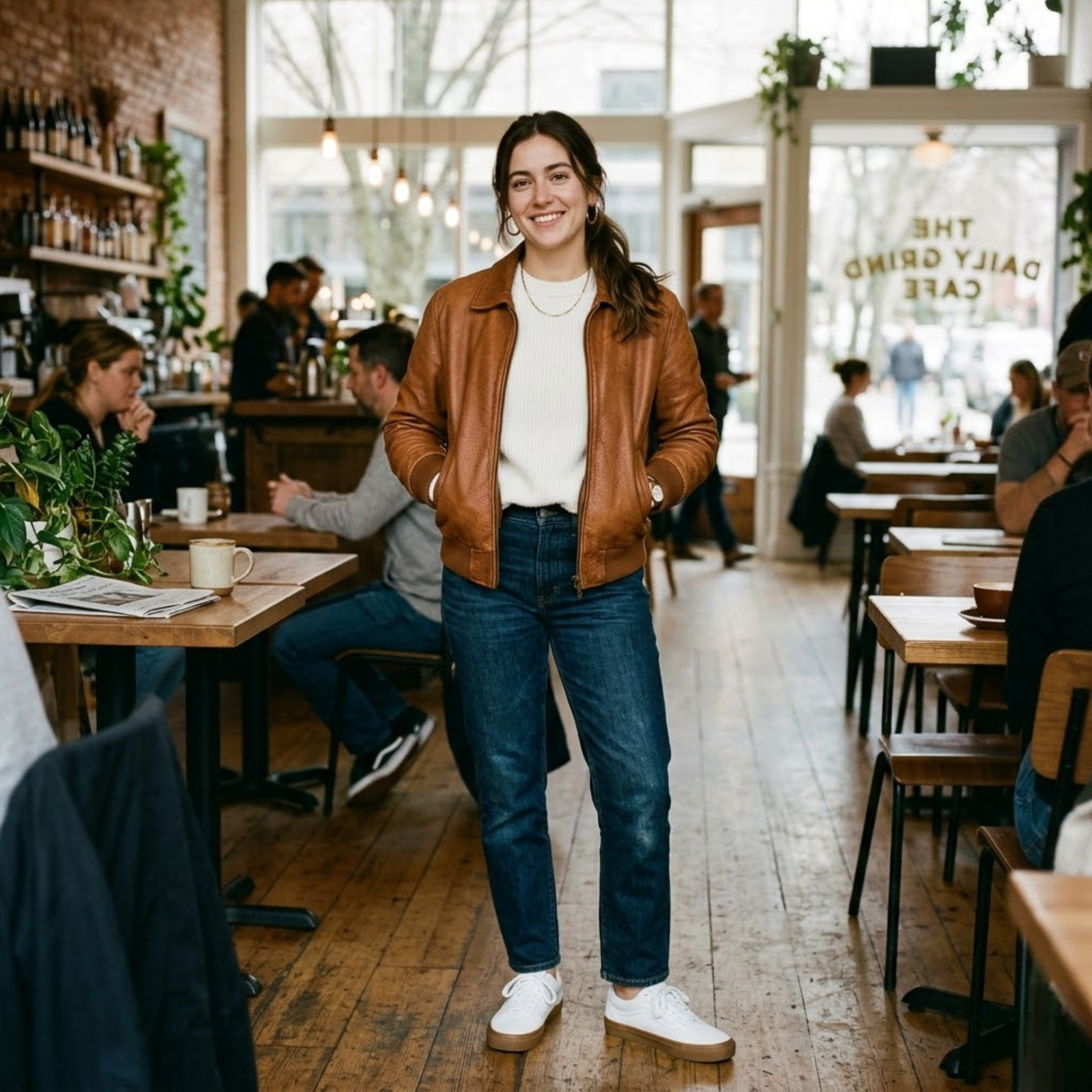Woman wearing cognac leather bomber jacket over white crewneck with dark straight-leg jeans and white sneakers