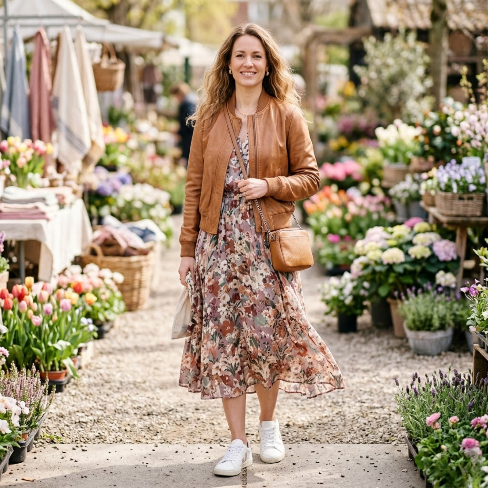 Woman wearing cognac leather bomber jacket open over a floral midi dress with white sneakers