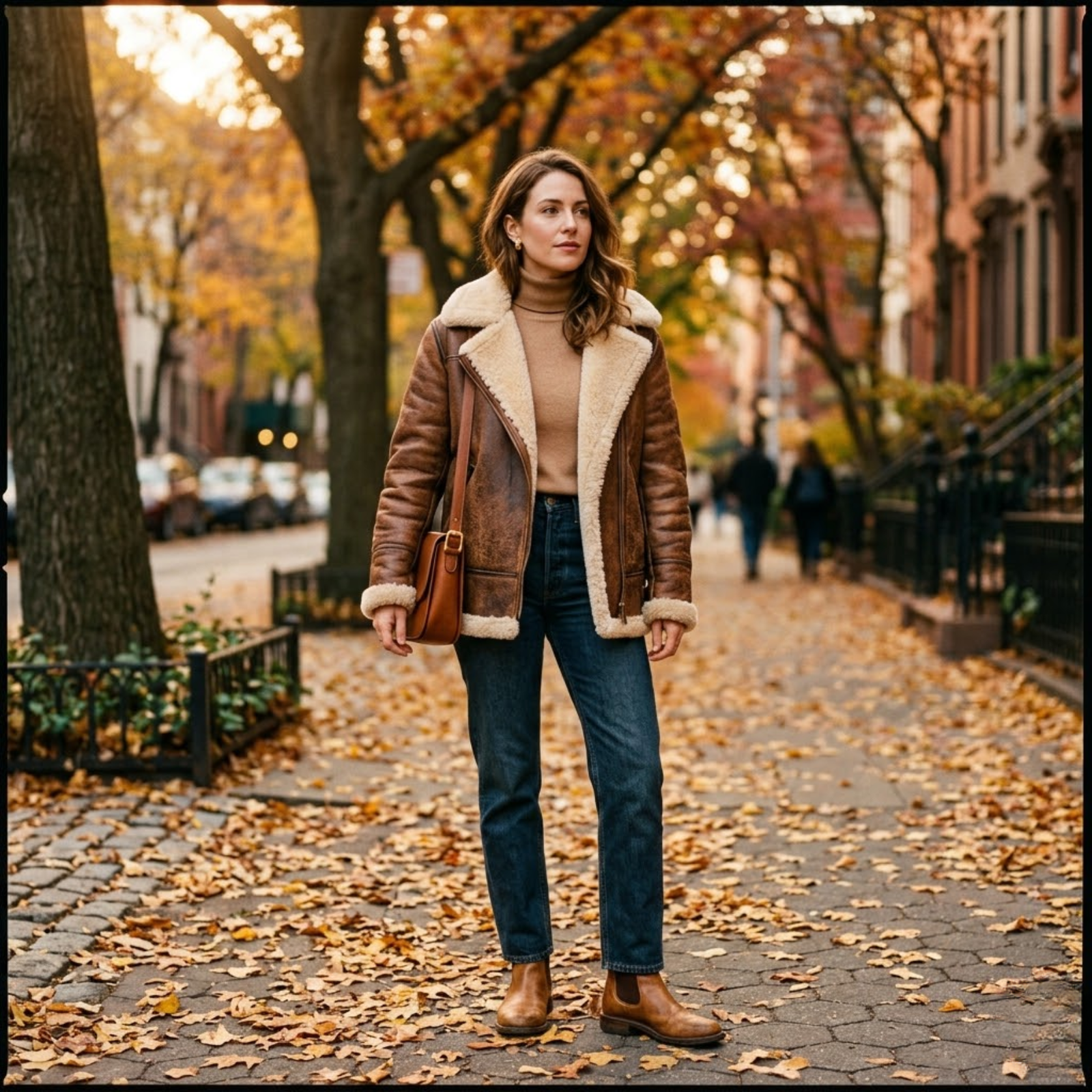 Woman wearing distressed brown shearling leather jacket over camel cashmere turtleneck with Chelsea boots in autumn setting