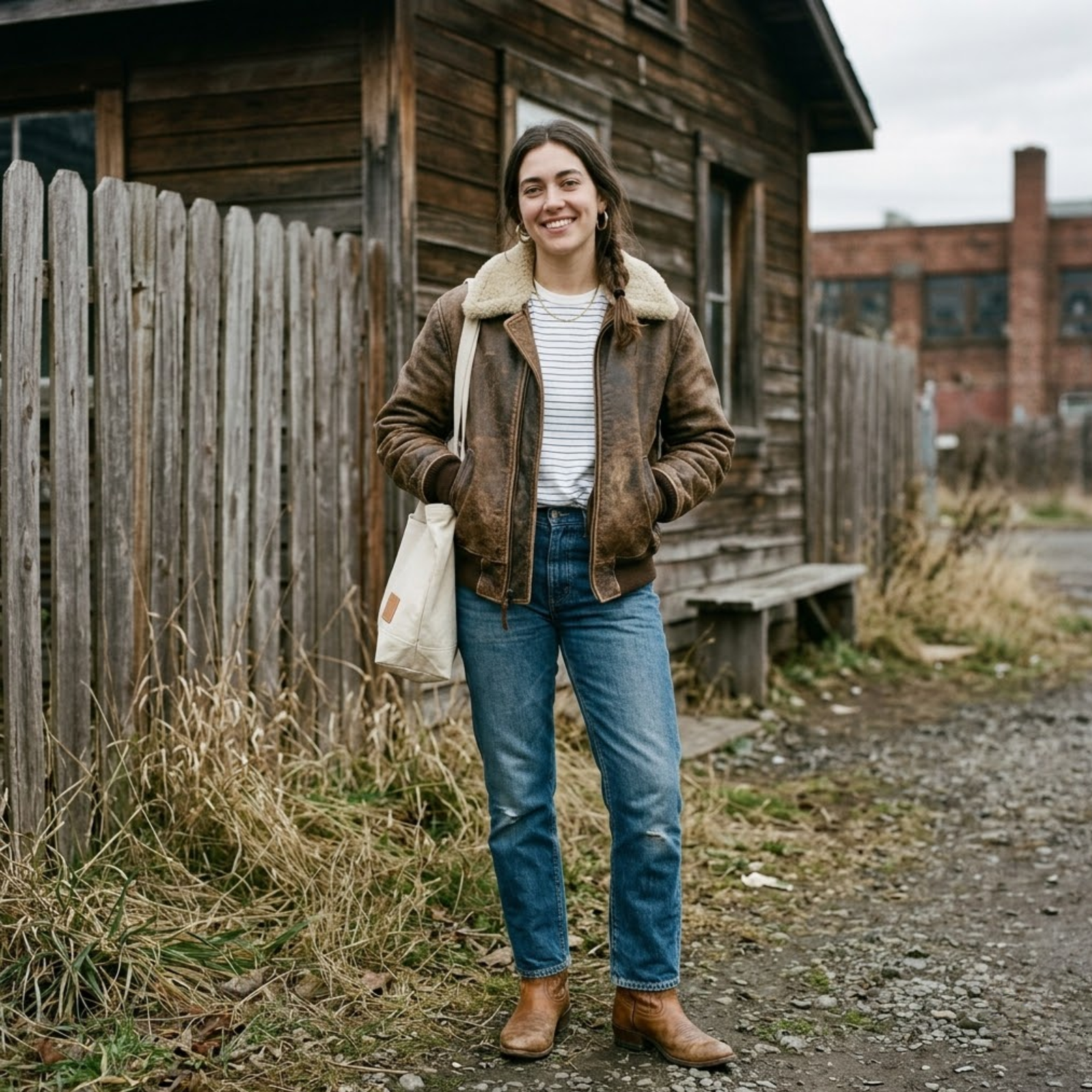 Woman wearing distressed brown shearling bomber jacket over striped t-shirt and medium-wash straight jeans