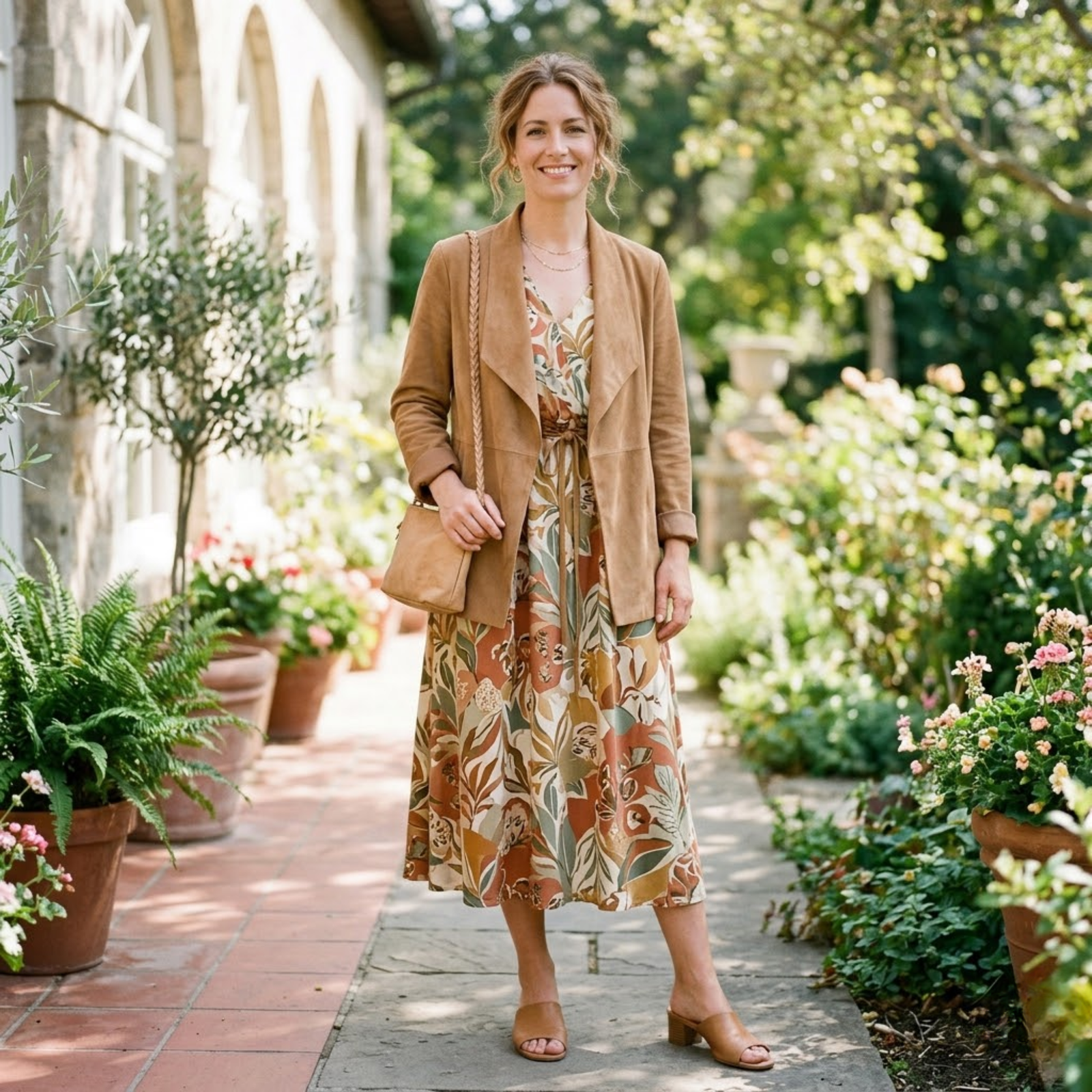 Woman wearing camel tan suede jacket over a botanical floral-print midi dress with low-heeled mule sandals