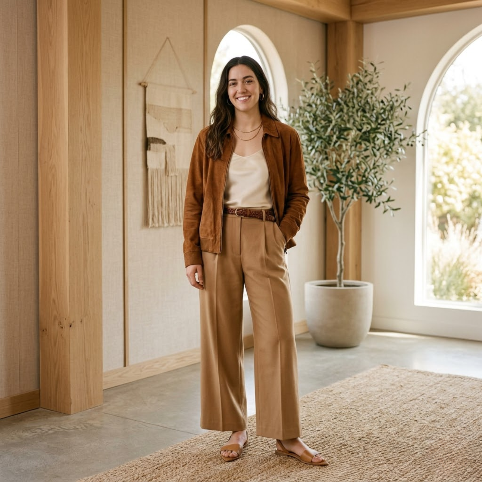 Woman wearing cognac suede jacket over a cream camisole with high-waisted camel wide-leg trousers